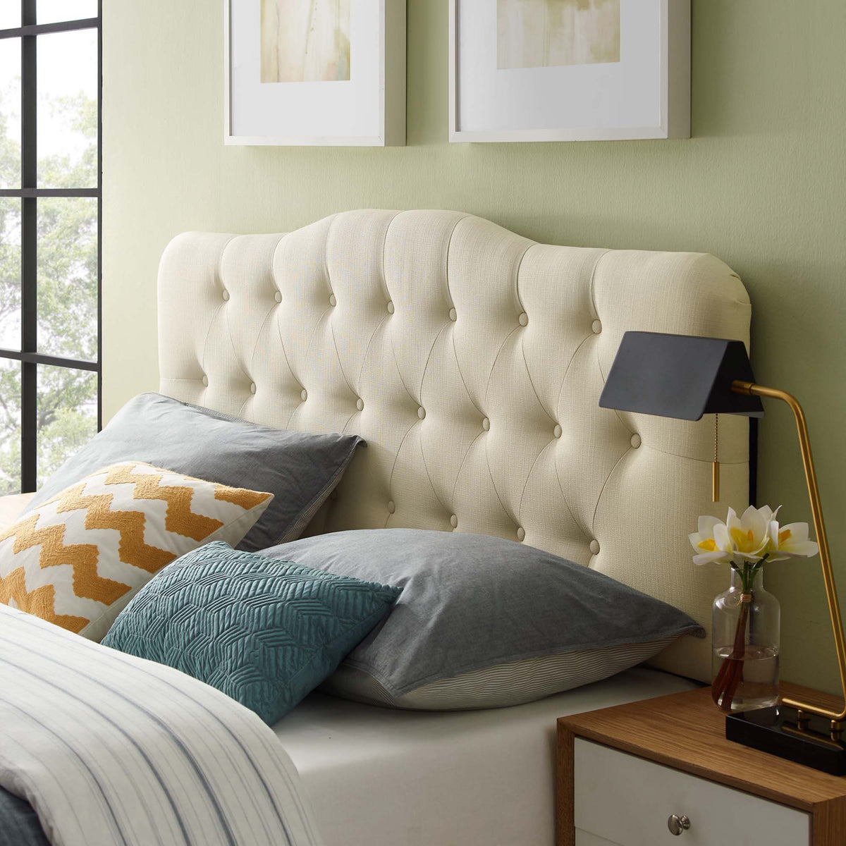 Annabel Diamond Tufted Upholstered Fabric Headboard - King, Ivory