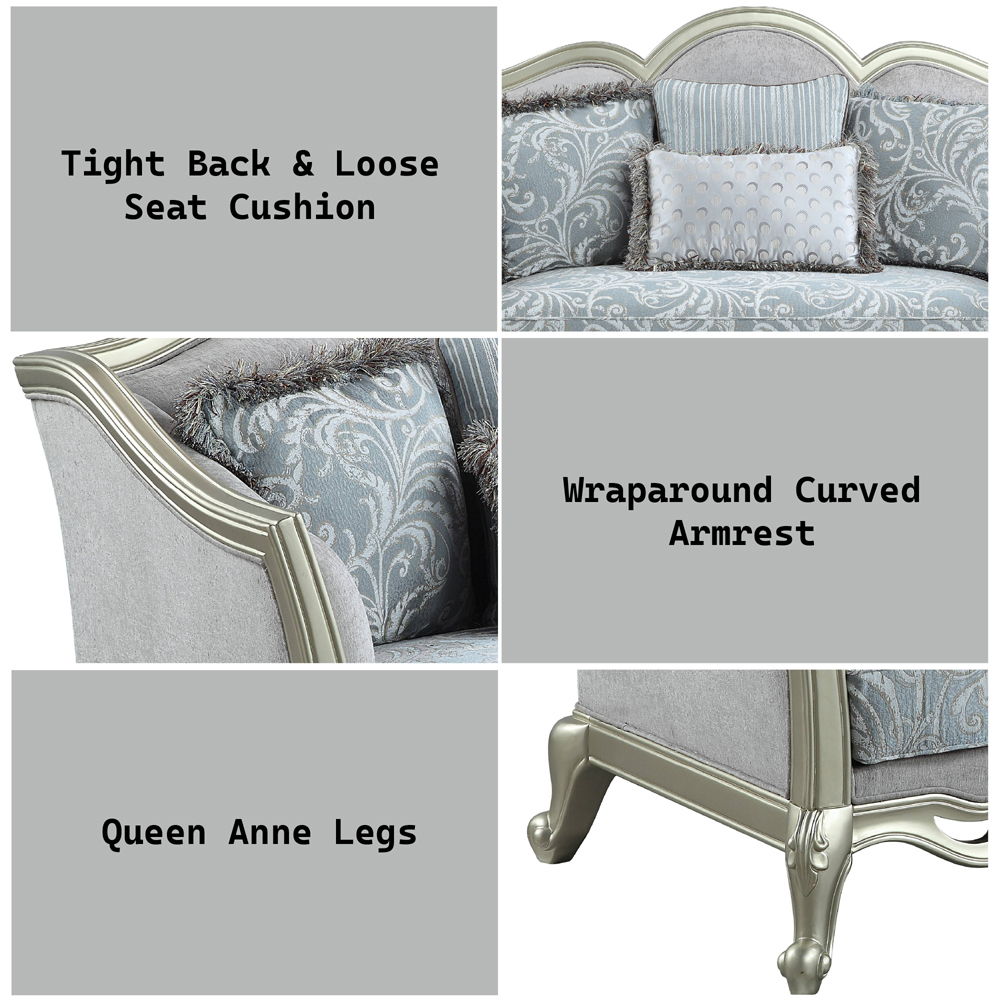 Qunsia - Loveseat With 4 Pillows - Light Gray Linen & Champagne