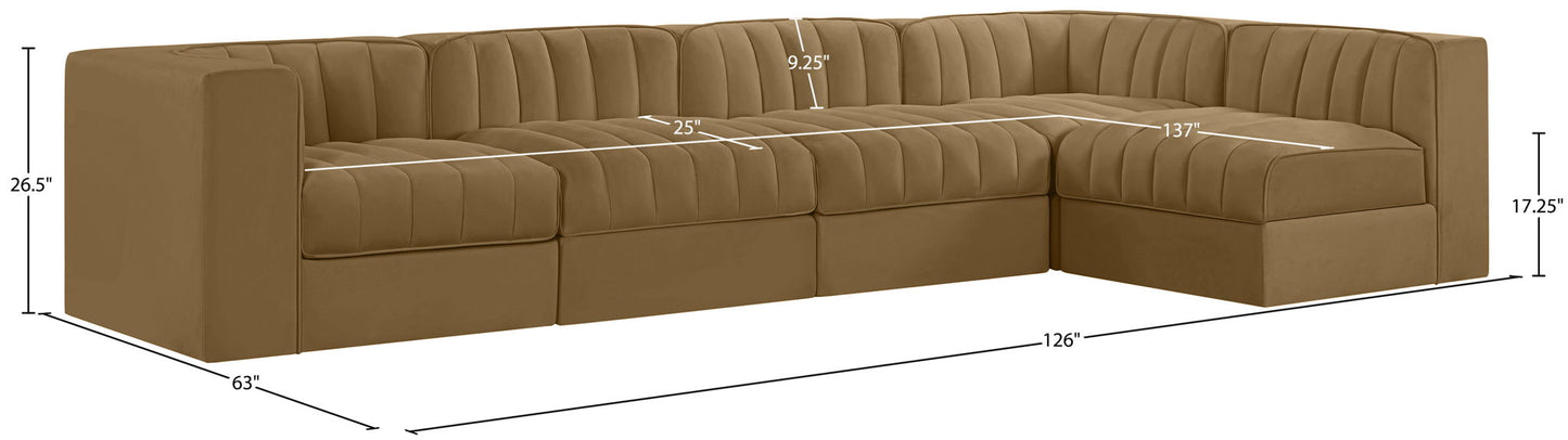 Rummi - Velvet Performance Fabric Upholstered 5 Piece Modular Sectional, L-Shaped (Right)