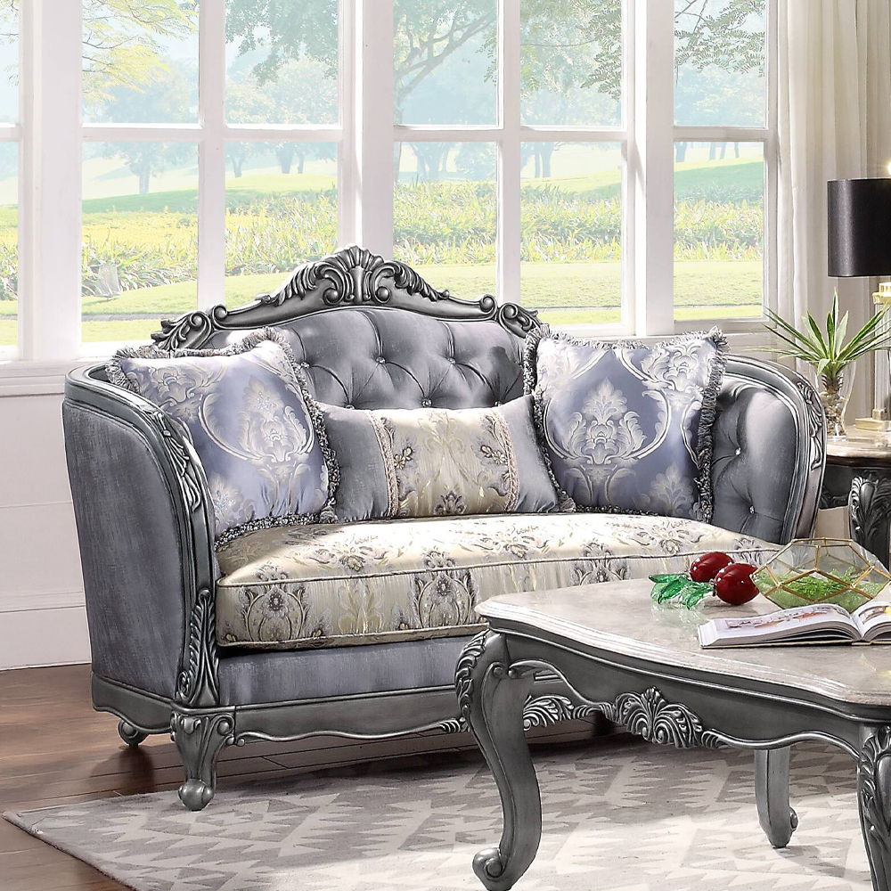 Ariadne - Loveseat With 3 Pillows - Fabric & Platinum
