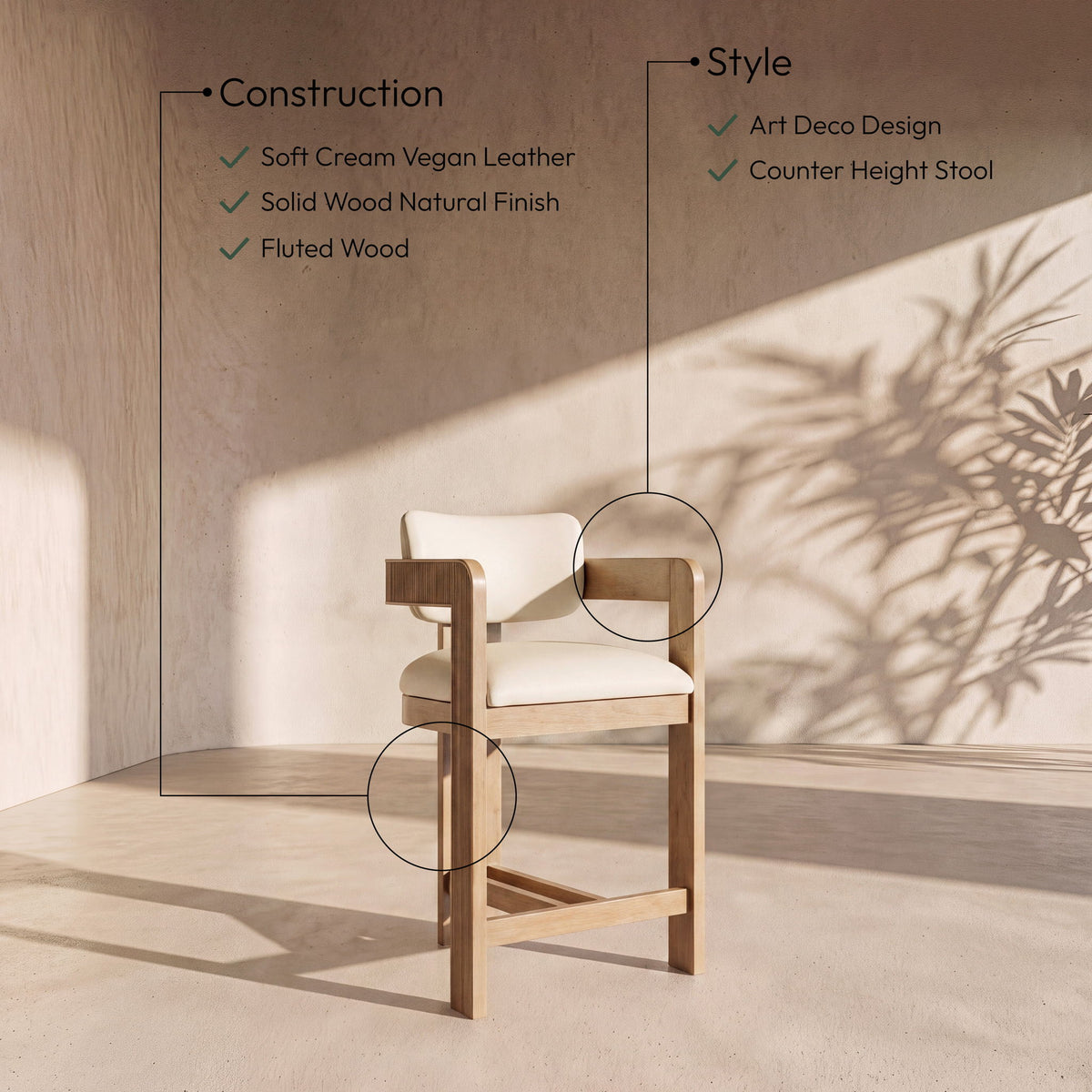 Sacha - Vegan Leather Upholstered Counter Stool With Natural Base