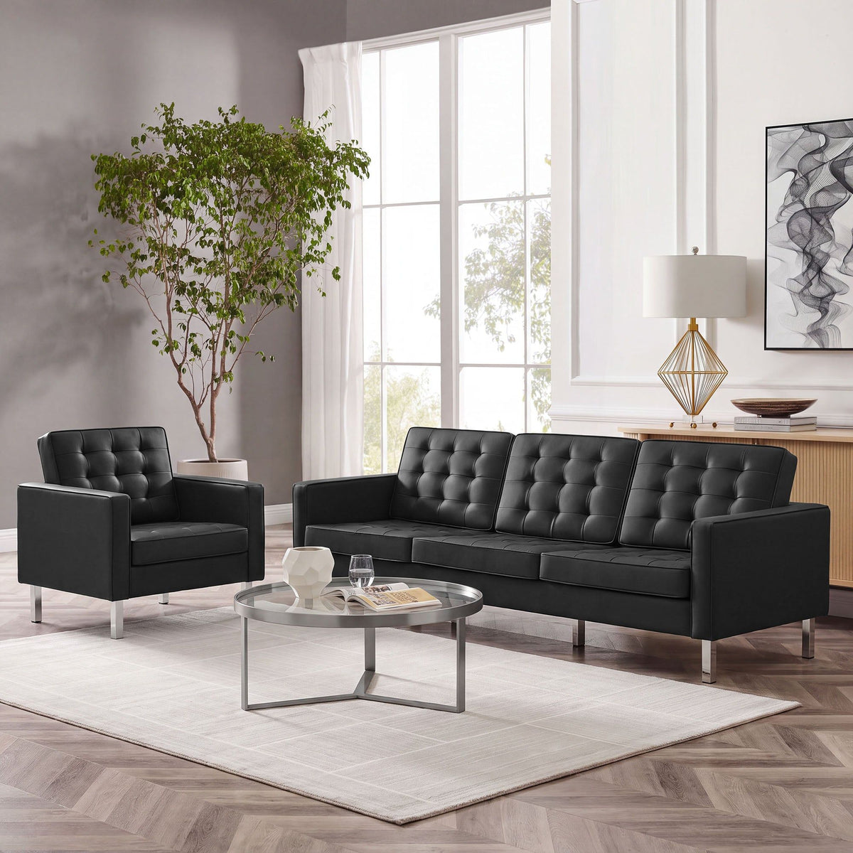 Loft Tufted Upholstered Faux Leather Sofa and Armchair Set - Silver Black
