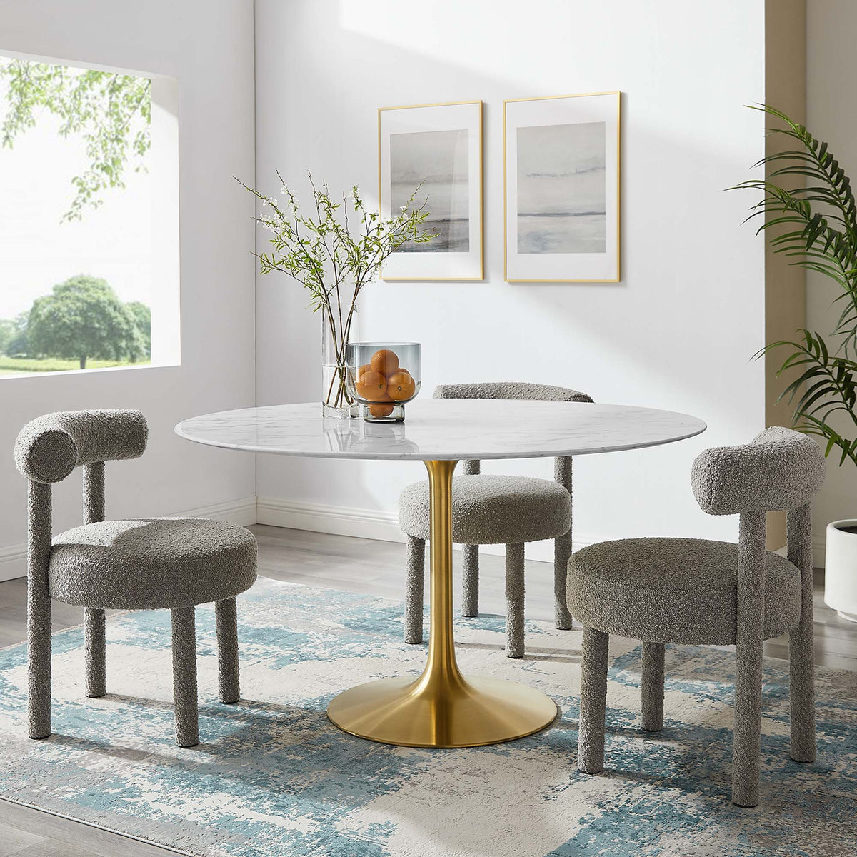 Lippa Round 54" Dining Table - Faux Marble, Gold White