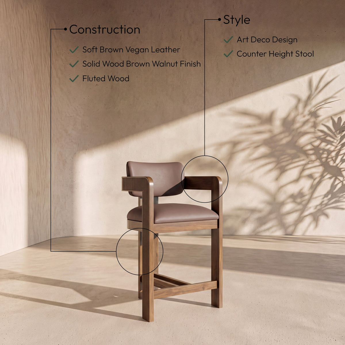 Sacha - Vegan Leather Upholstered Counter Stool With Brown Base