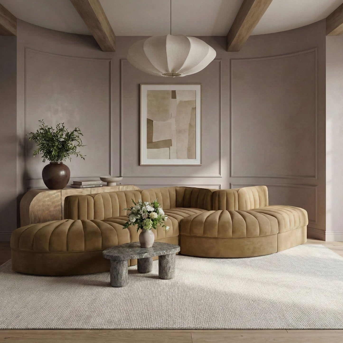 Rummi - Rounded Velvet Performance Fabric Upholstered 5 Piece Modular Sectional