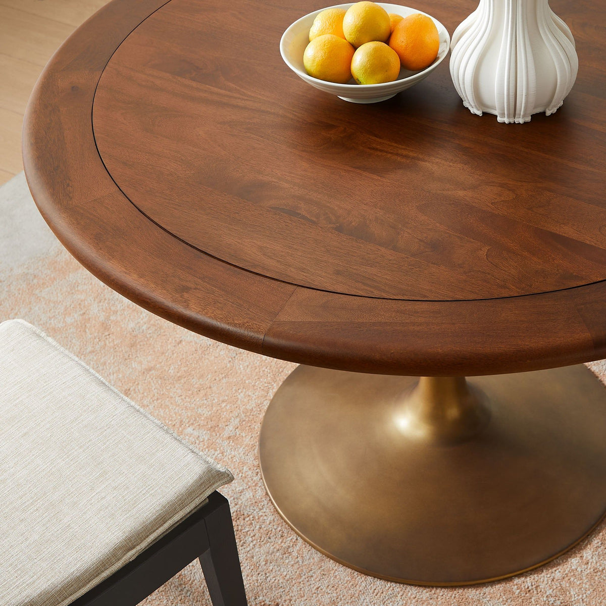 Lippa 48" Round Pedestal Solid Wood Dining Table - Solid Wood, Brass Walnut
