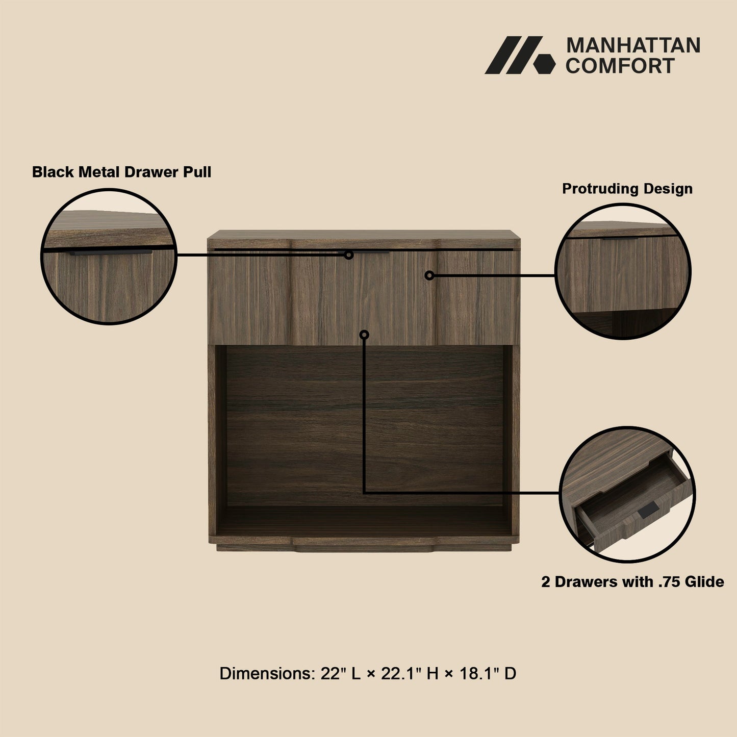 Manhattan Clive - 1-Drawer Nightstand