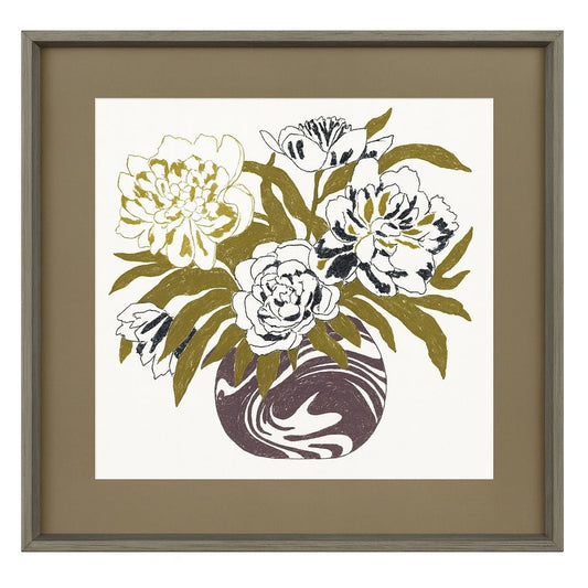 Marble Vase Bouquet Framed Print - Green / Tan