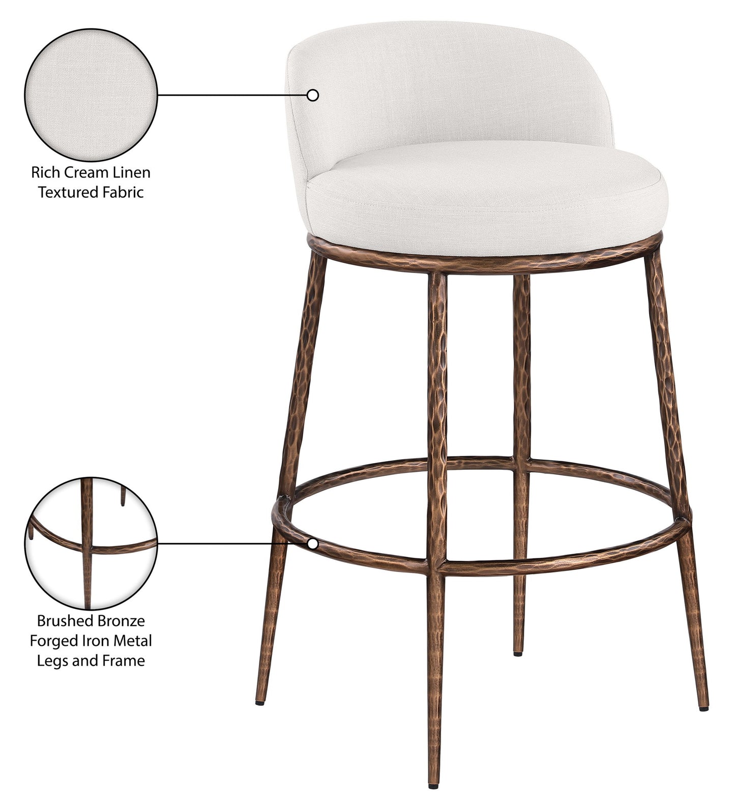 Ferro - Performance Fabric Upholstered Bar Stool - Cream / Antique Bronze