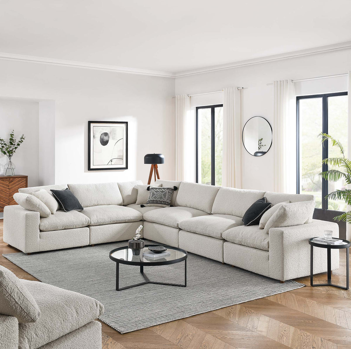 Commix Down Filled Overstuffed Boucle Fabric 6-Piece Sectional Sofa - Ivory