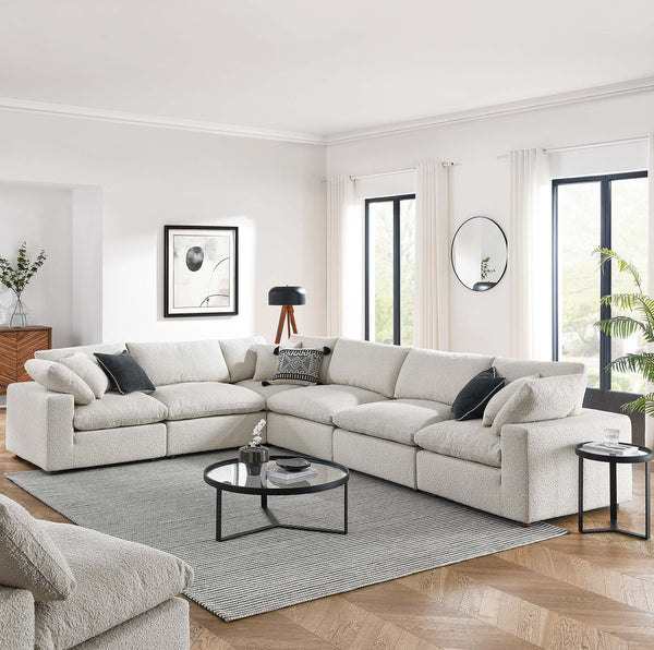 Commix Down Filled Overstuffed Boucle Fabric 6-Piece Sectional Sofa - Ivory