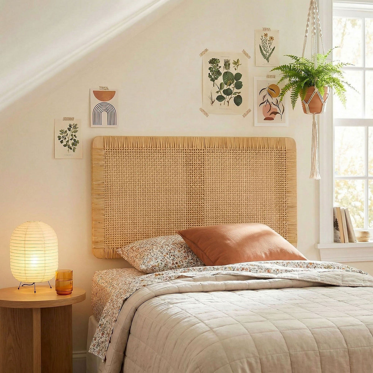Sandy Wall Mounted Wood and Rattan Headboard - Twin, Natural Rattan