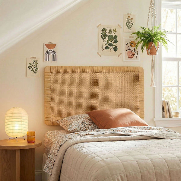 Sandy Wall Mounted Wood and Rattan Headboard - Twin, Natural Rattan
