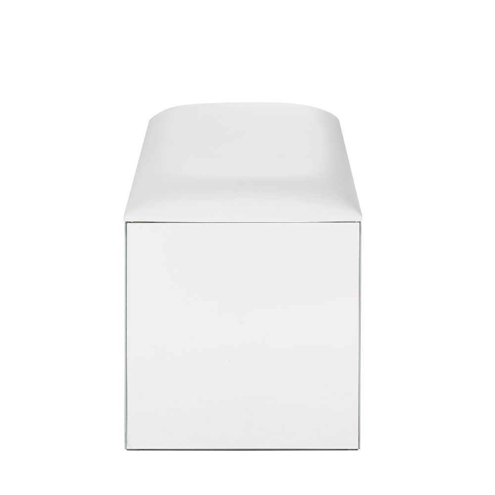 Nysa - Vanity Stool - Ivory Synthetic Leather , Mirrored & Faux Crystals