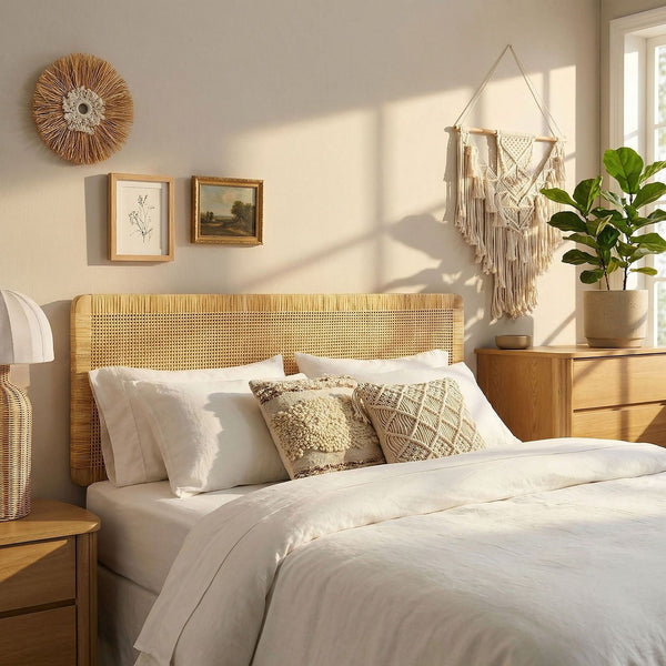 Sandy Wall Mounted Wood and Rattan Headboard - King, Natural Rattan