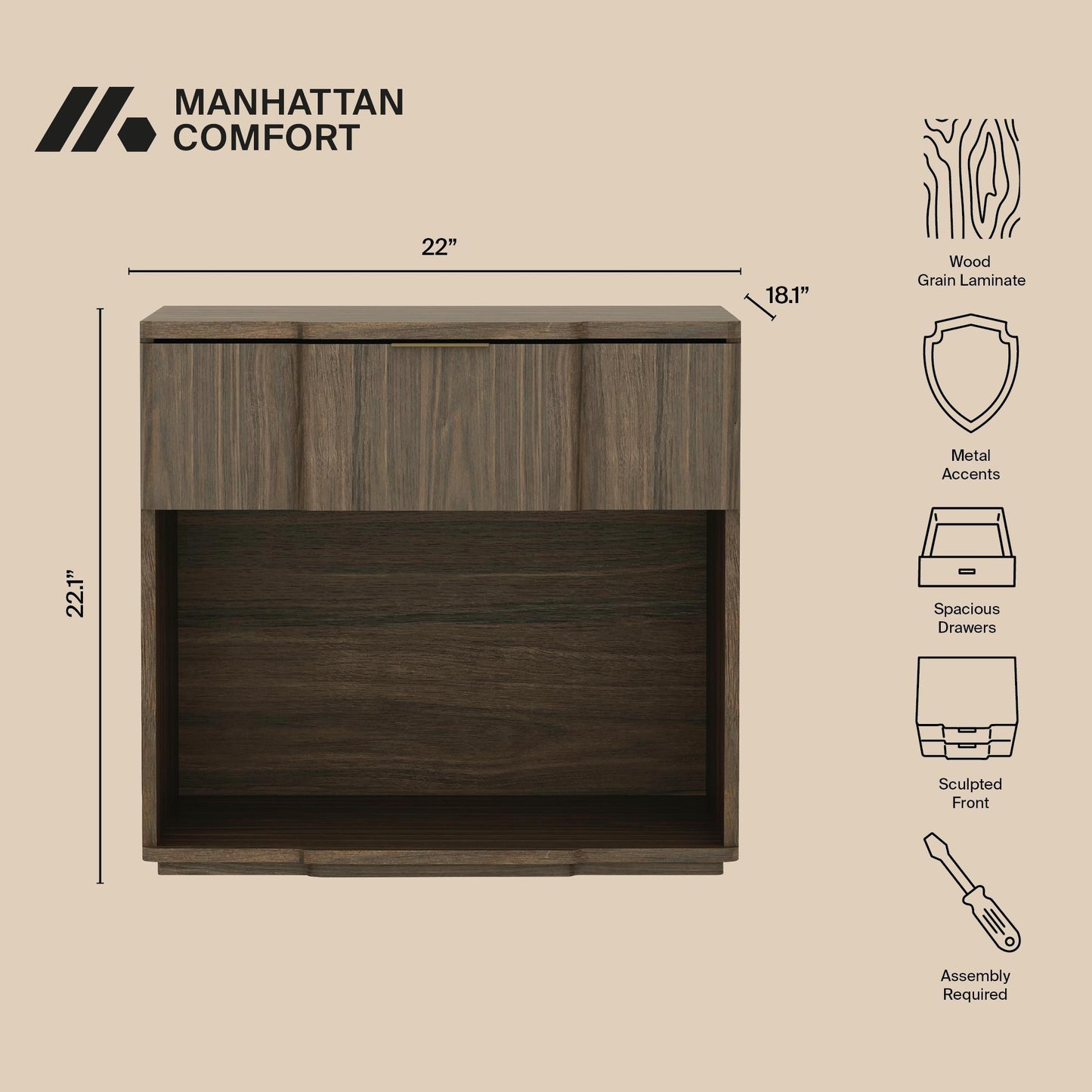 Manhattan Clive - 1-Drawer Nightstand