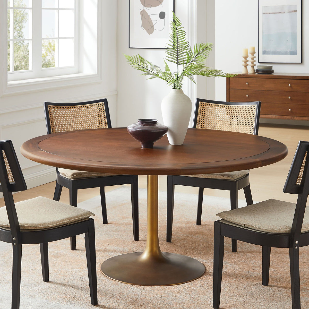 Lippa 60" Round Pedestal Solid Wood Dining Table - Solid Wood, Brass Walnut