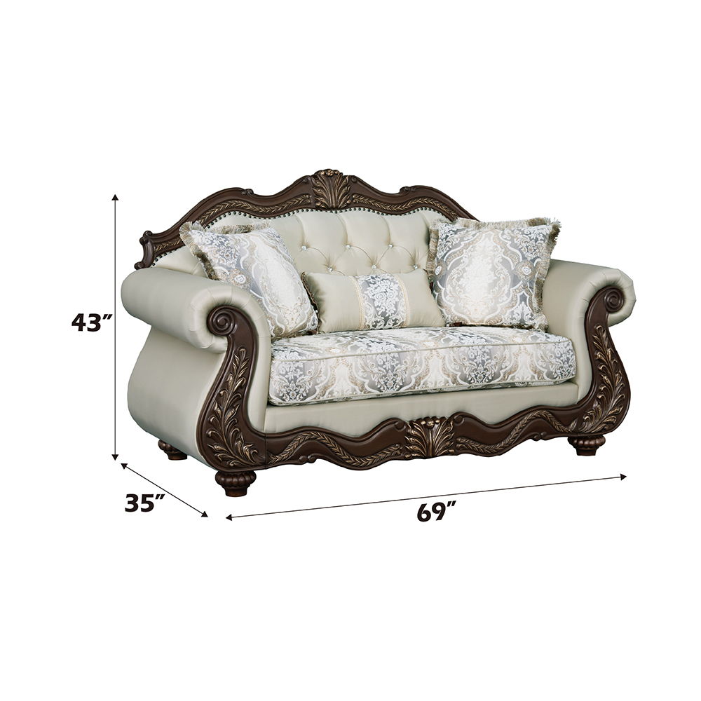 Pierce - Loveseat With 3 Pillows - Beige Fabric & Cherry
