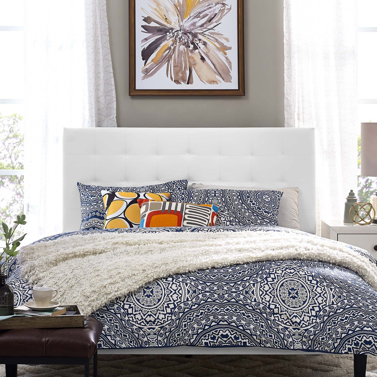 Paisley Tufted Upholstered Faux Leather Headboard - King/CA King, White