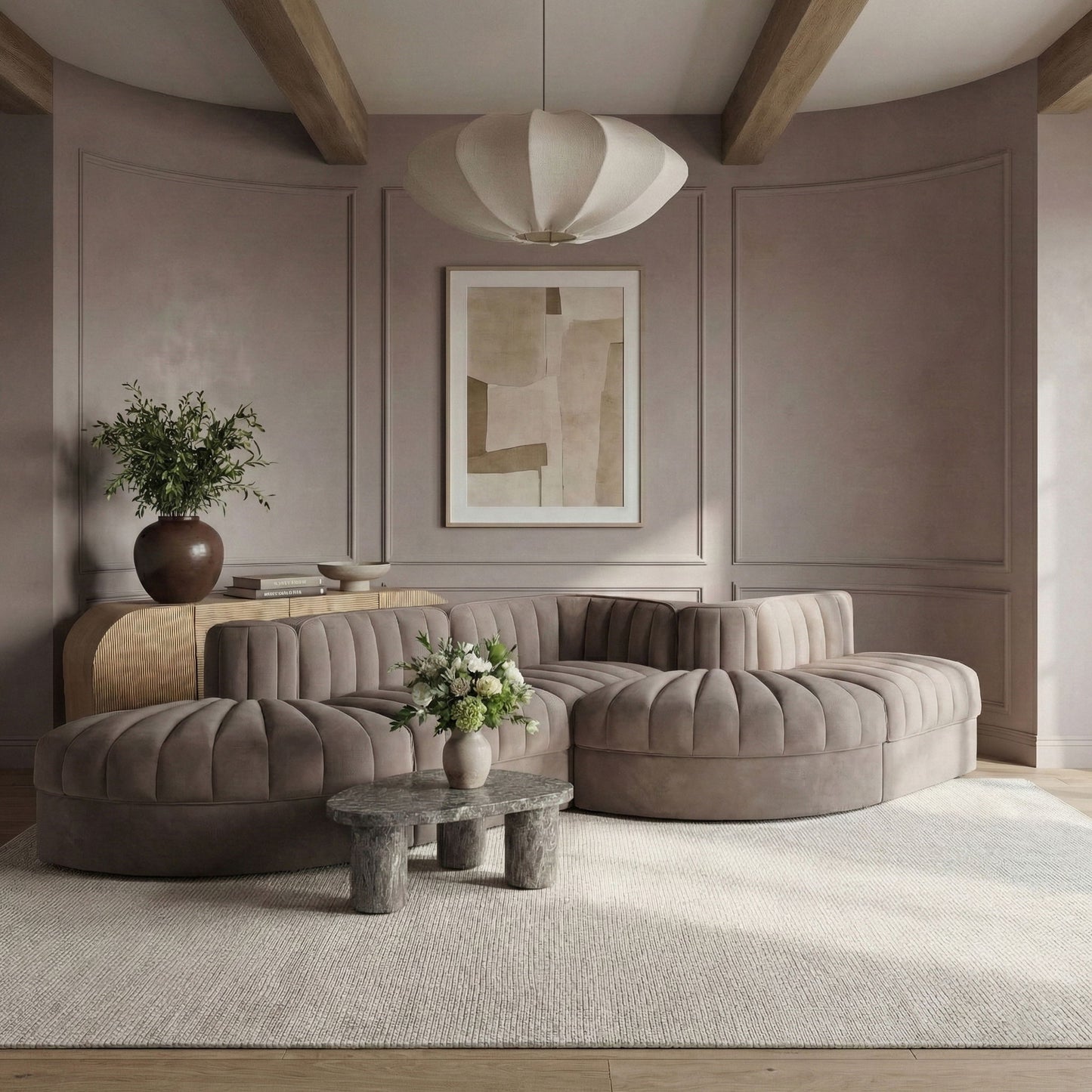 Rummi - Rounded Velvet Performance Fabric Upholstered 5 Piece Modular Sectional