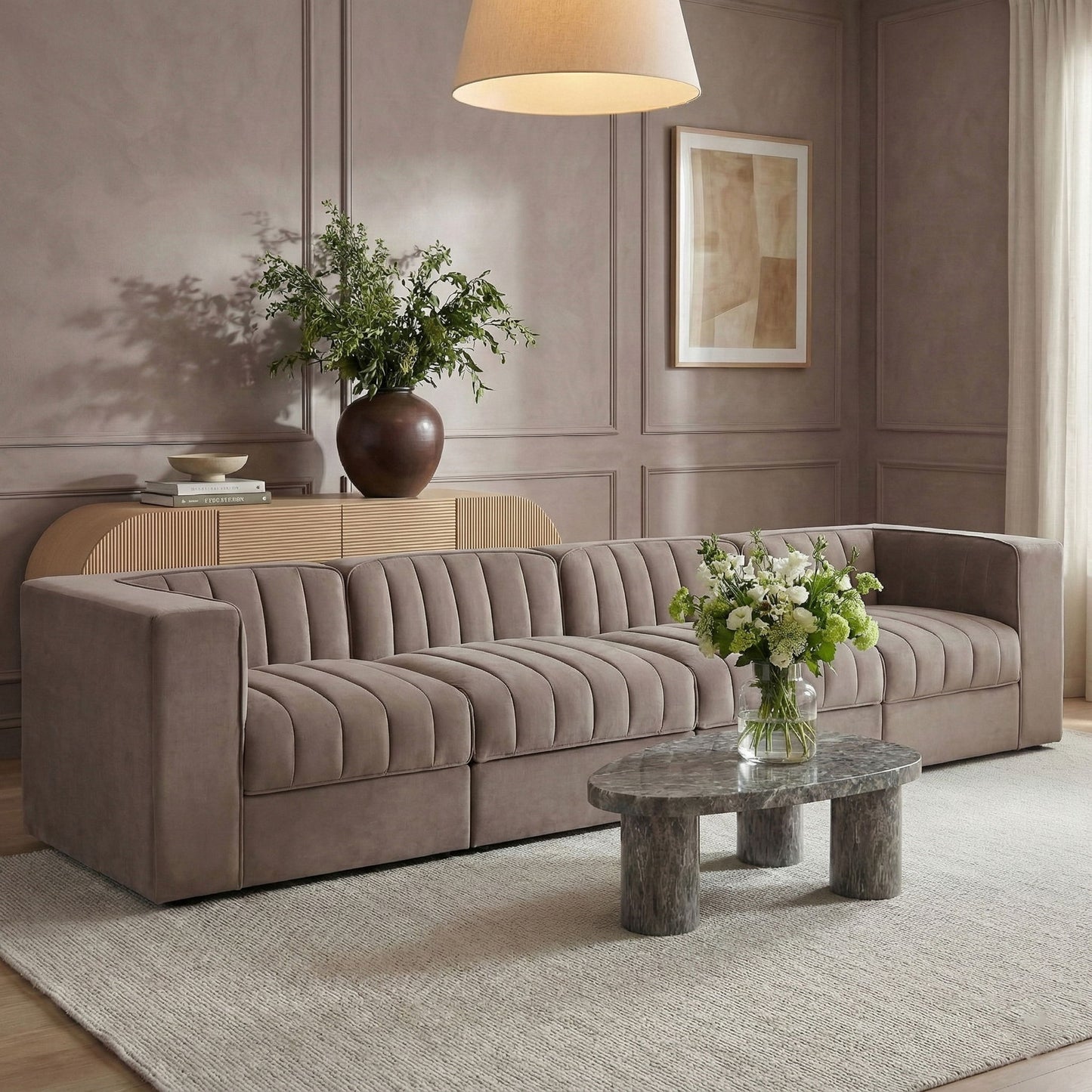 Rummi - Velvet Performance Fabric Upholstered 4 Piece Modular Sofa