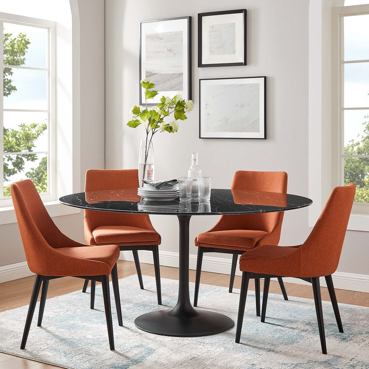 Lippa Round 60" Dining Table - Faux Marble, Black Black