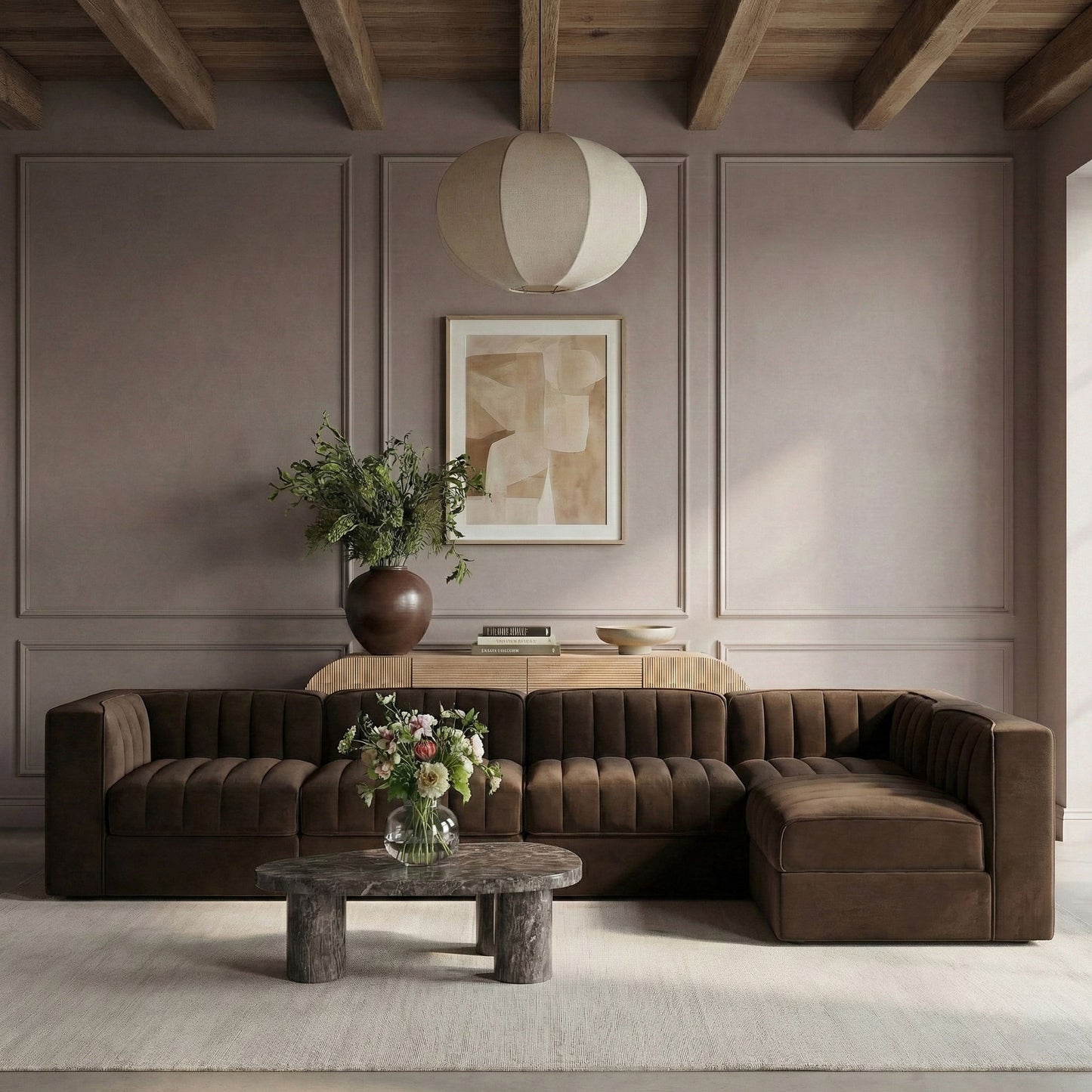 Rummi - Velvet Performance Fabric Upholstered 5 Piece Modular Sectional, L-Shaped (Right)