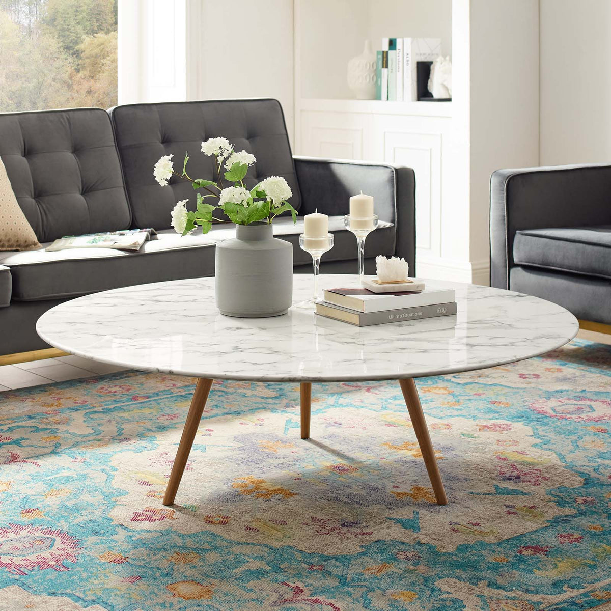 Lippa Round Artificial Marble Coffee Table with Tripod Base - 48", Walnut White