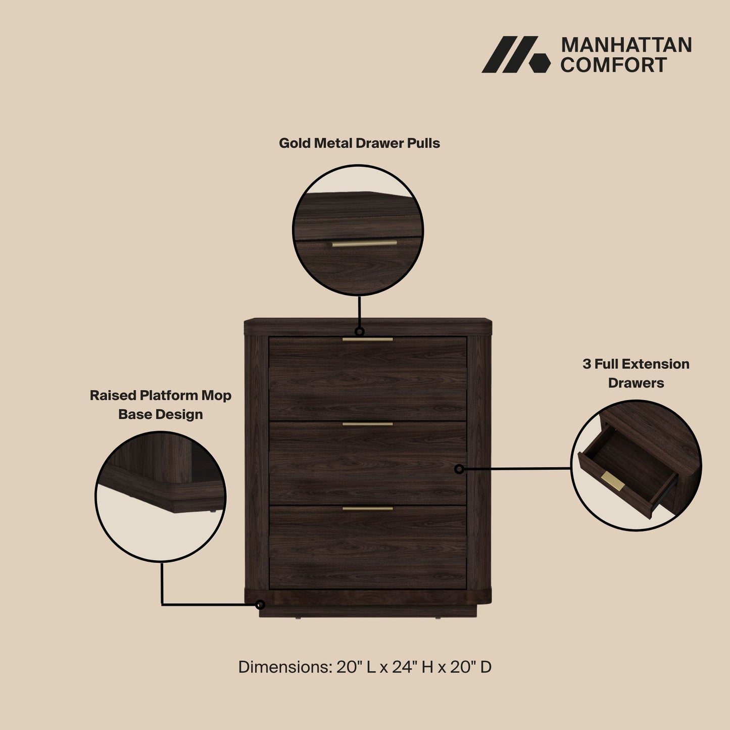 Manhattan Evelyn - 3-Drawer Nightstand