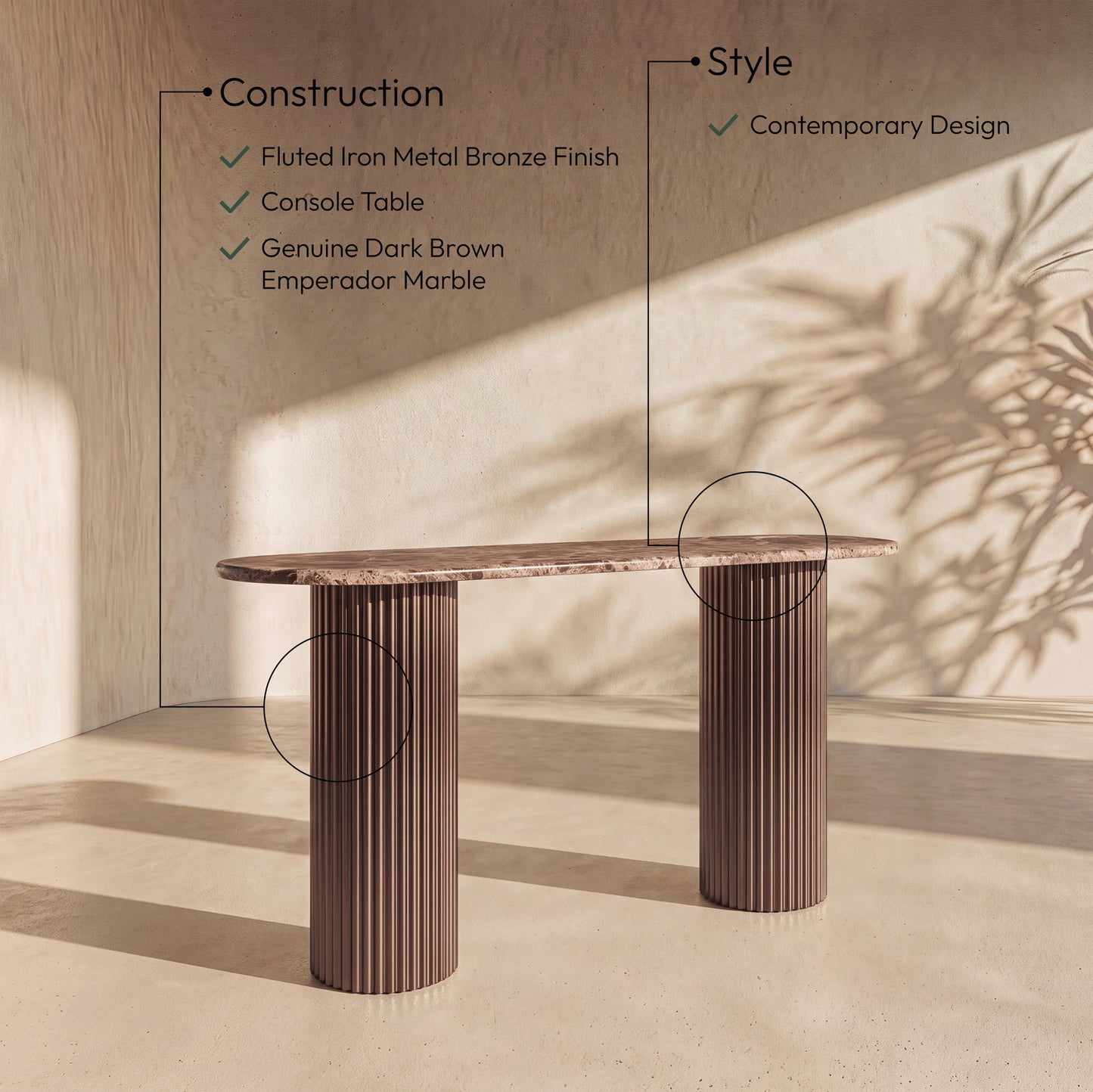 Cindra - Genuine Marble Top And Iron Base Console Table