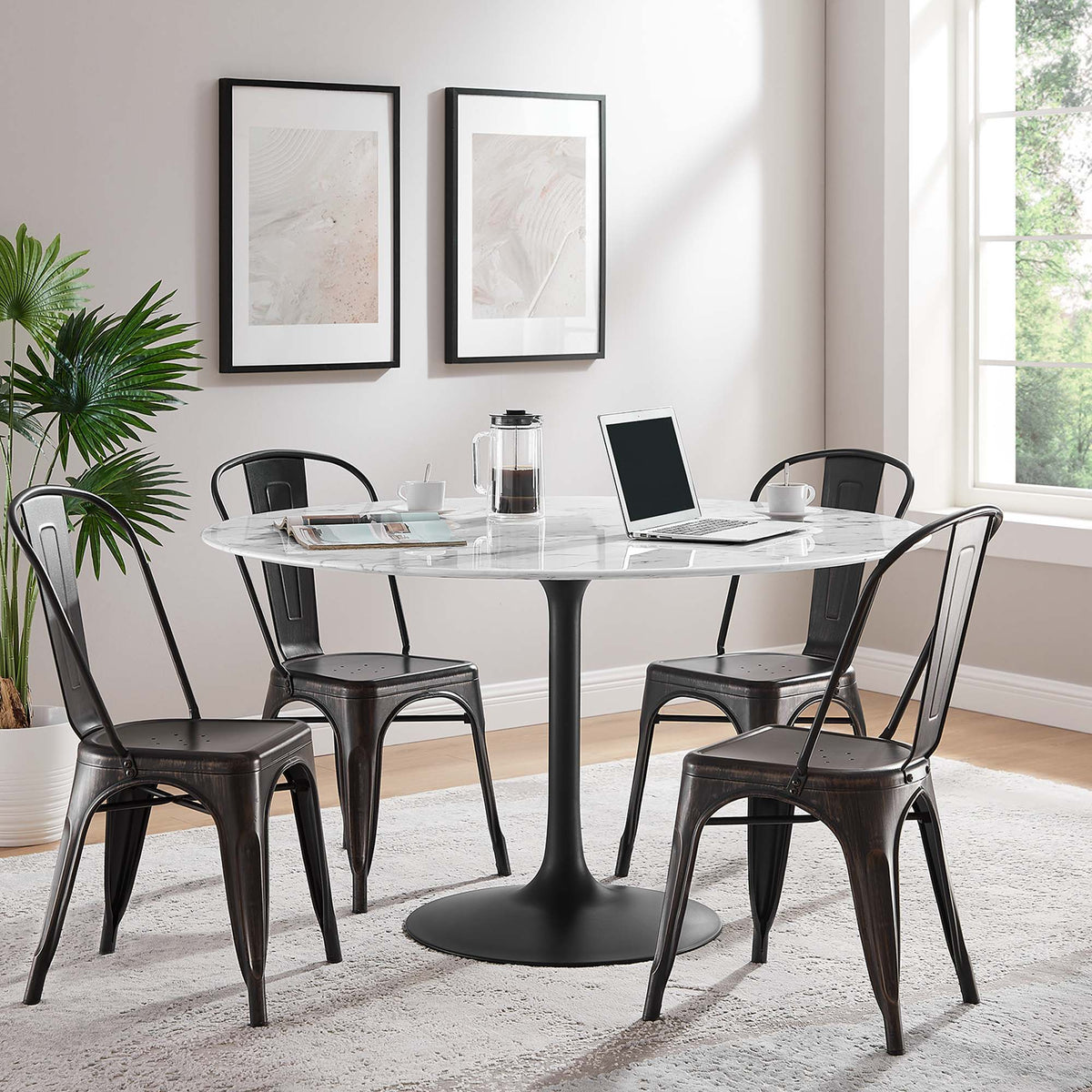 Lippa Round 54" Dining Table - Faux Marble, Black White