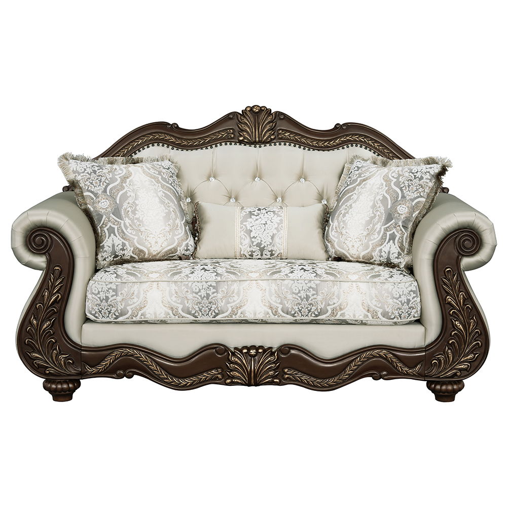 Pierce - Loveseat With 3 Pillows - Beige Fabric & Cherry