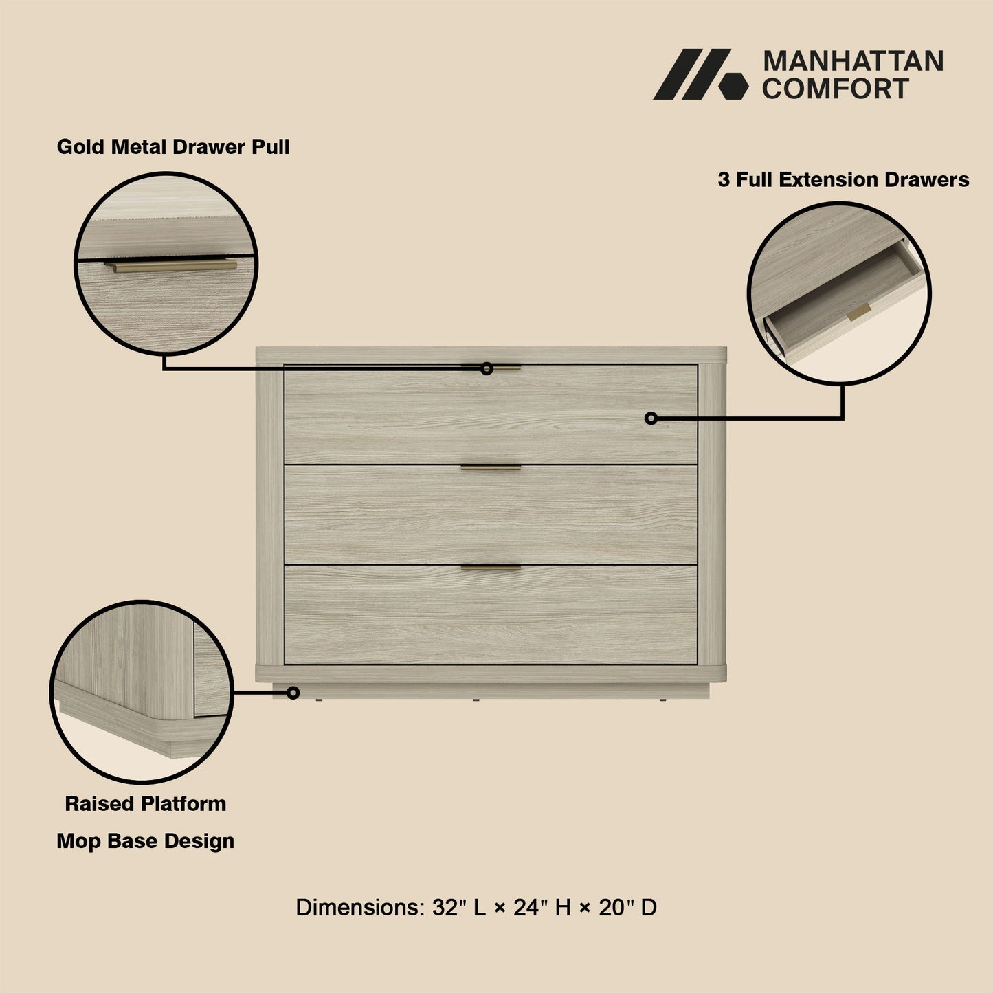 Manhattan Evelyn - 3-Drawer Wooden Nightstand