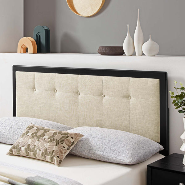 Draper Tufted Fabric and Wood Headboard - Queen, Black Beige