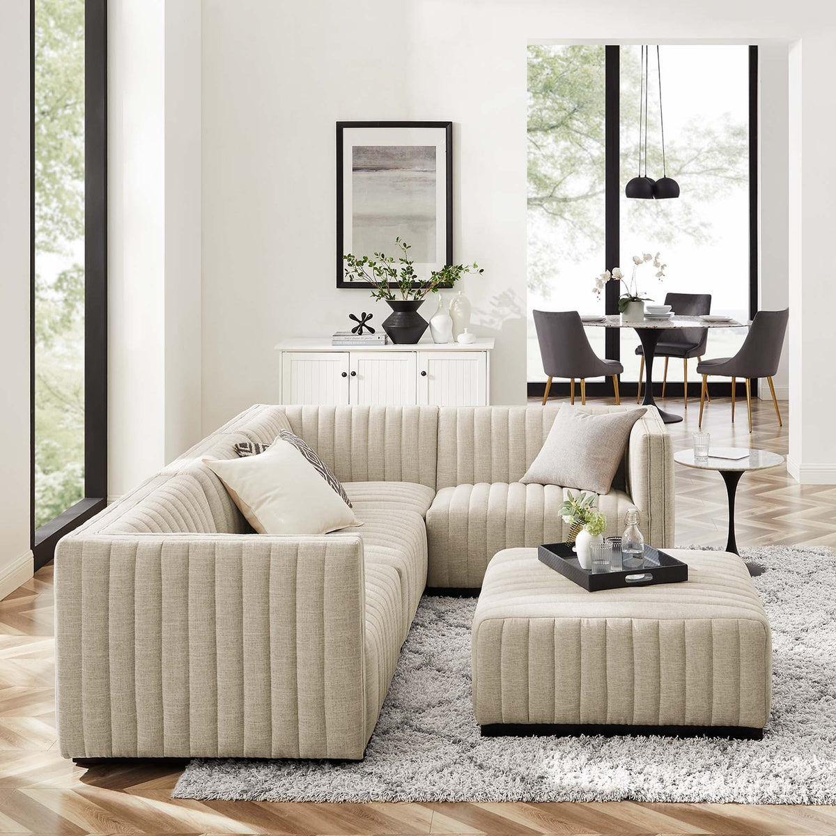 Conjure 5-Piece Channel Tufted Upholstered Fabric Sectional - Black Beige
