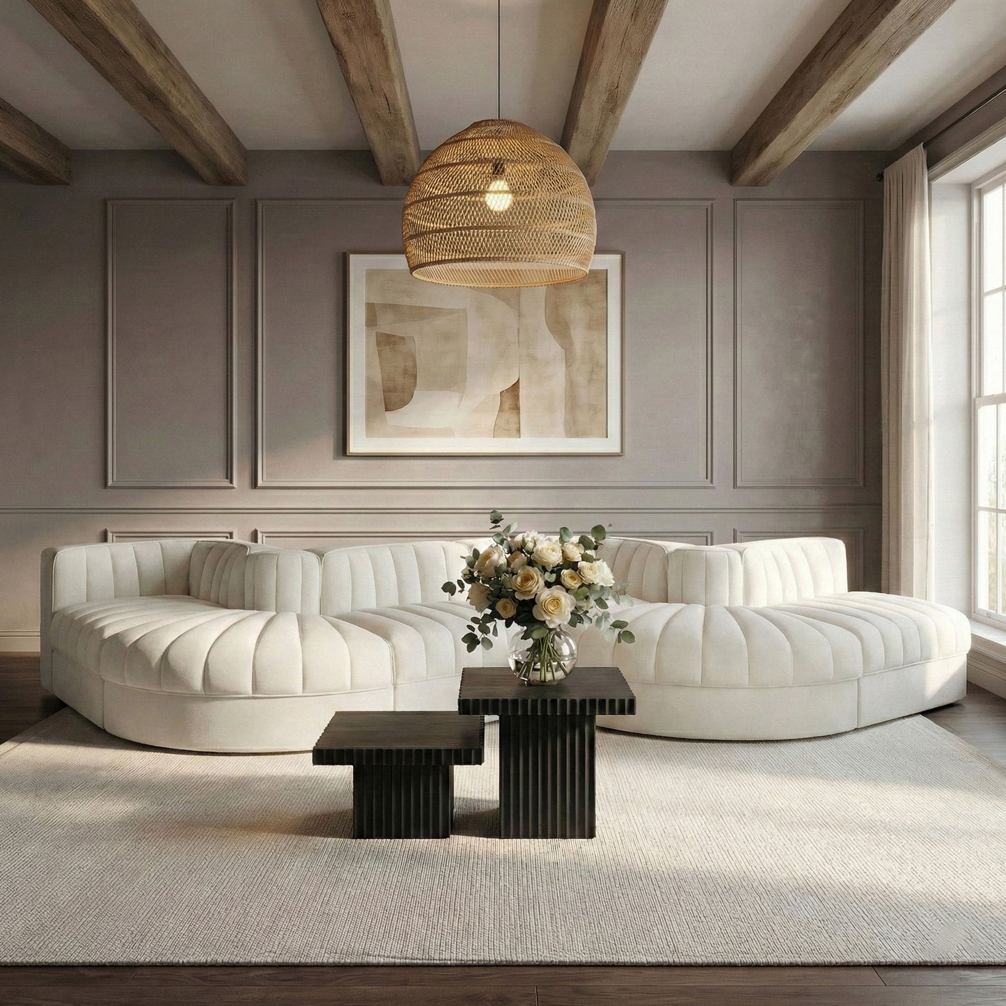 Rummi - Rounded Velvet Performance Fabric Upholstered 6 Piece Modular Sectional