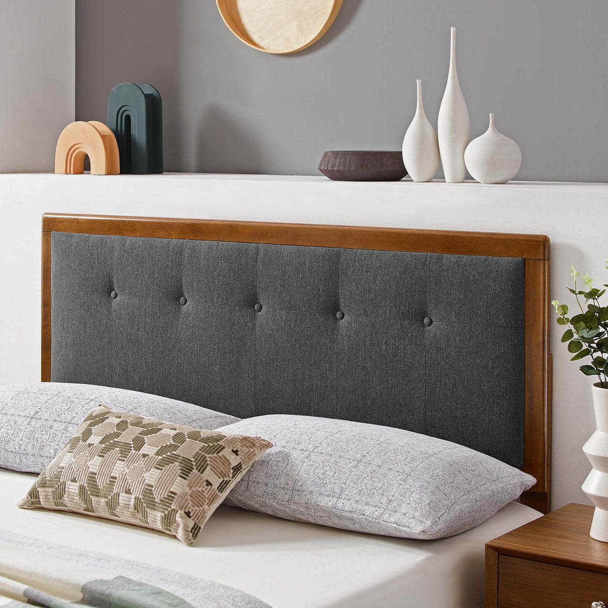 Draper Tufted Fabric and Wood Headboard - King, Walnut Charcoal
