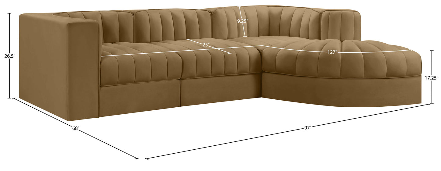 Rummi - Velvet Performance Fabric Upholstered 4 Piece Modular Sectional, With Reverse Corner Chair