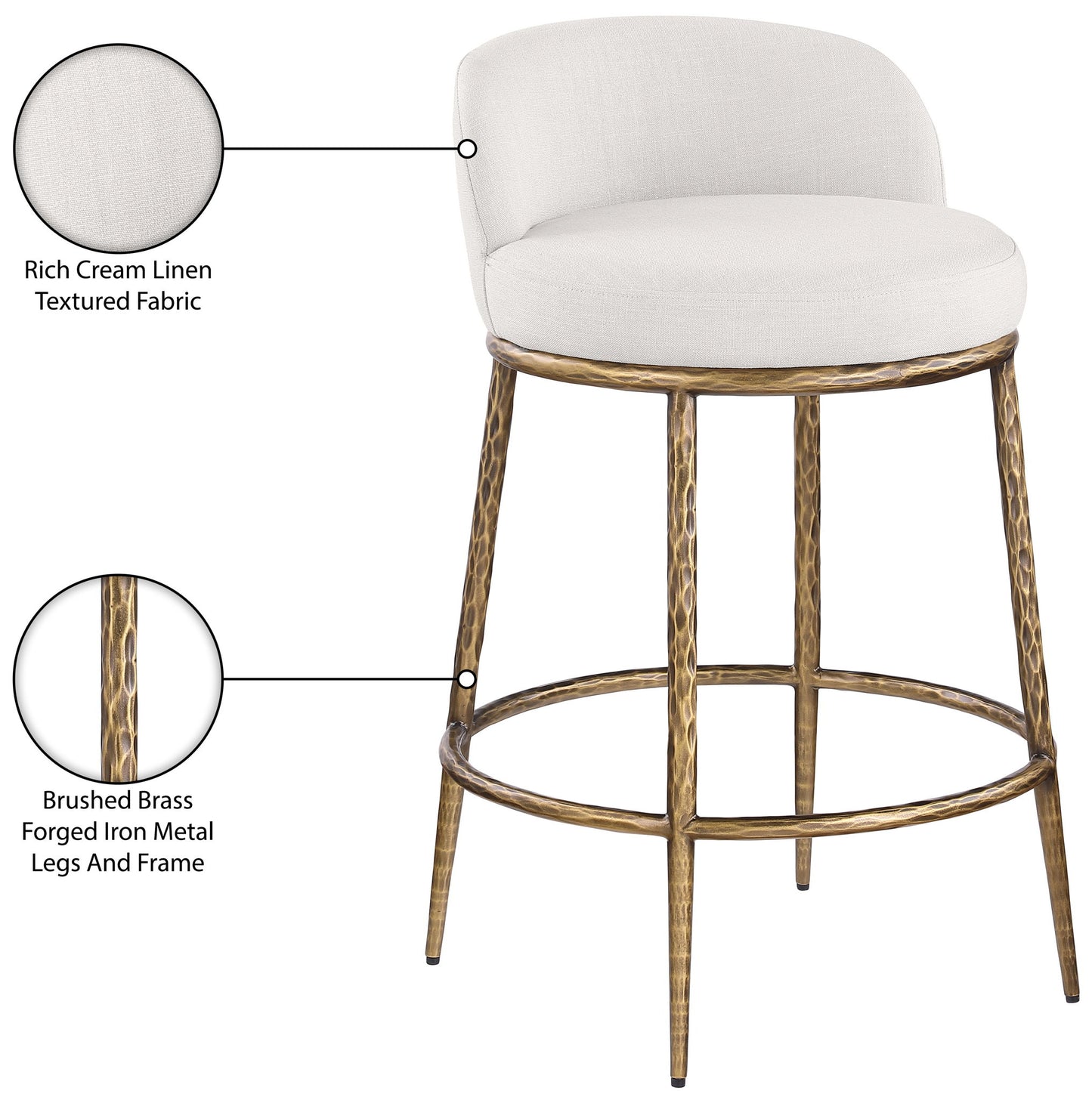 Ferro - Linen Textured Performance Fabric Upholstered Counter Stool - Cream / Brushed Gold