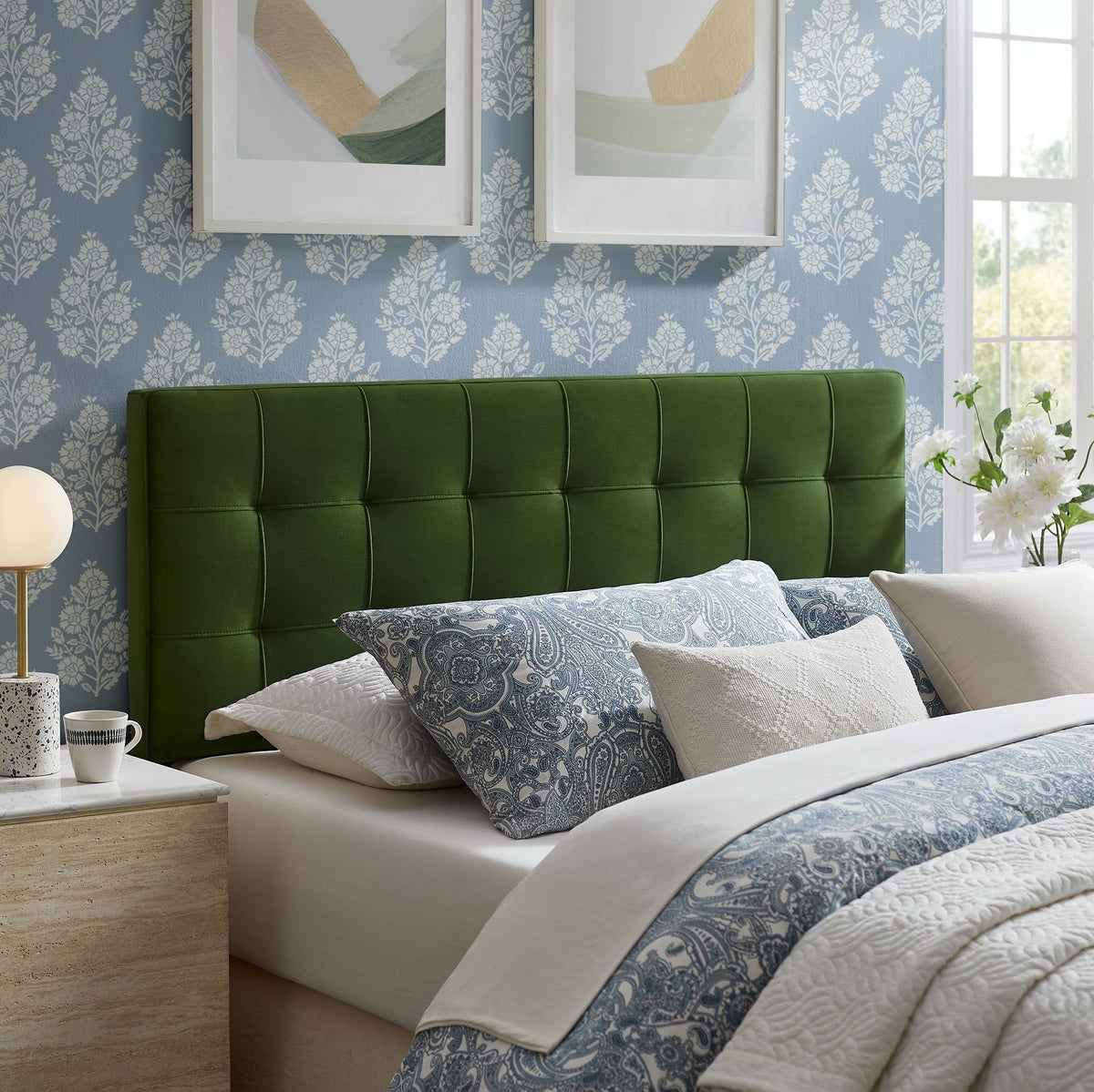 Lily Biscuit Tufted Performance Velvet Headboard - King, Moss Green