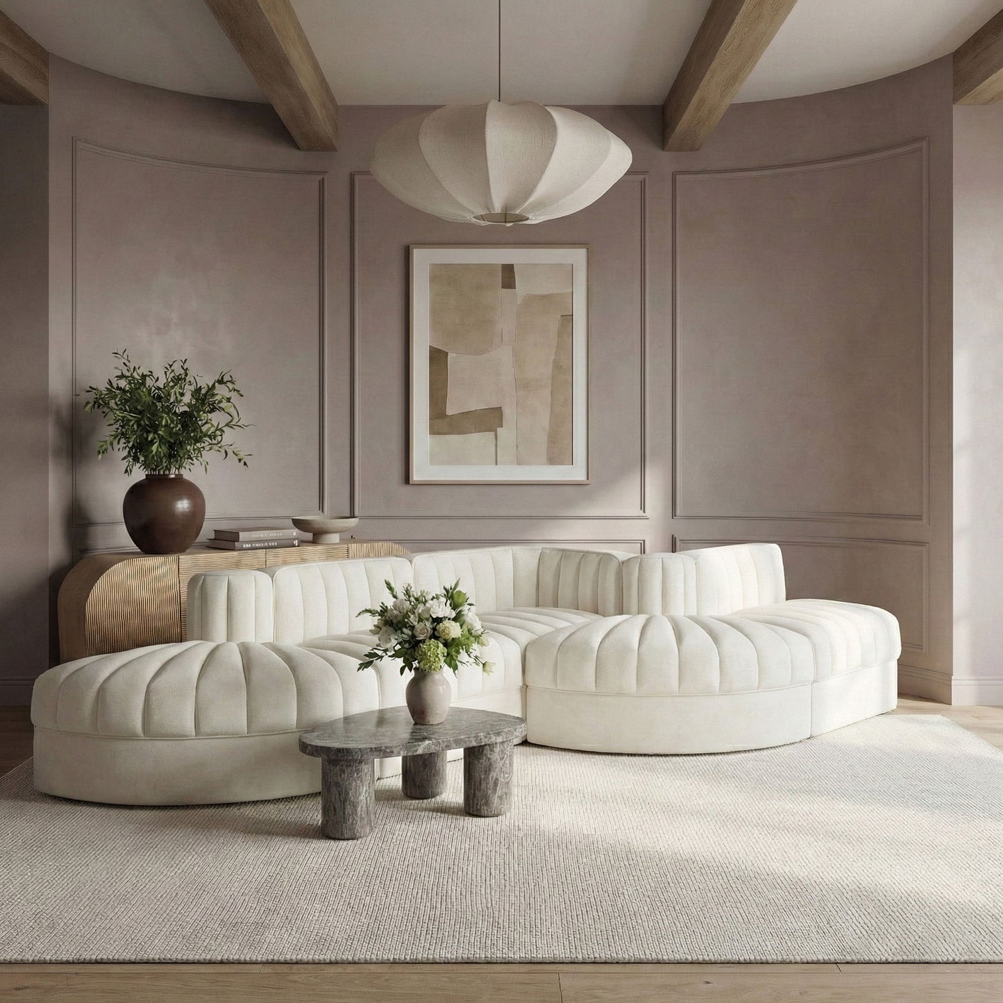 Rummi - Rounded Velvet Performance Fabric Upholstered 5 Piece Modular Sectional