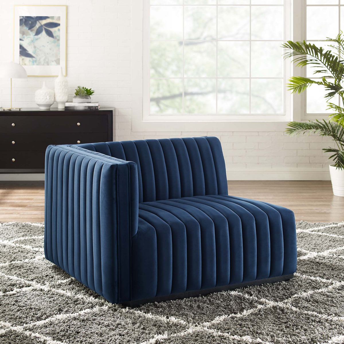 Conjure Channel Tufted Performance Velvet Left-Arm Chair - Black Midnight Blue