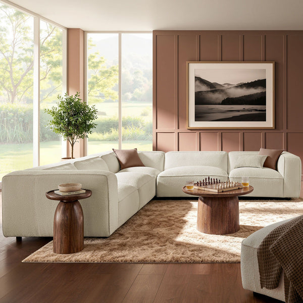 Auren 5 Piece Lattice Boucle Upholstered Modular Corner Sectional - Cream