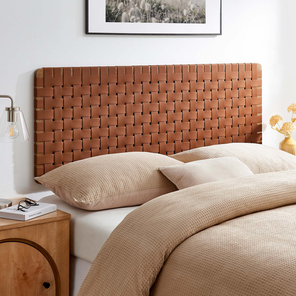 Sparta Weave Wall-Mount Vegan Leather Headboard - Queen, Walnut Brown
