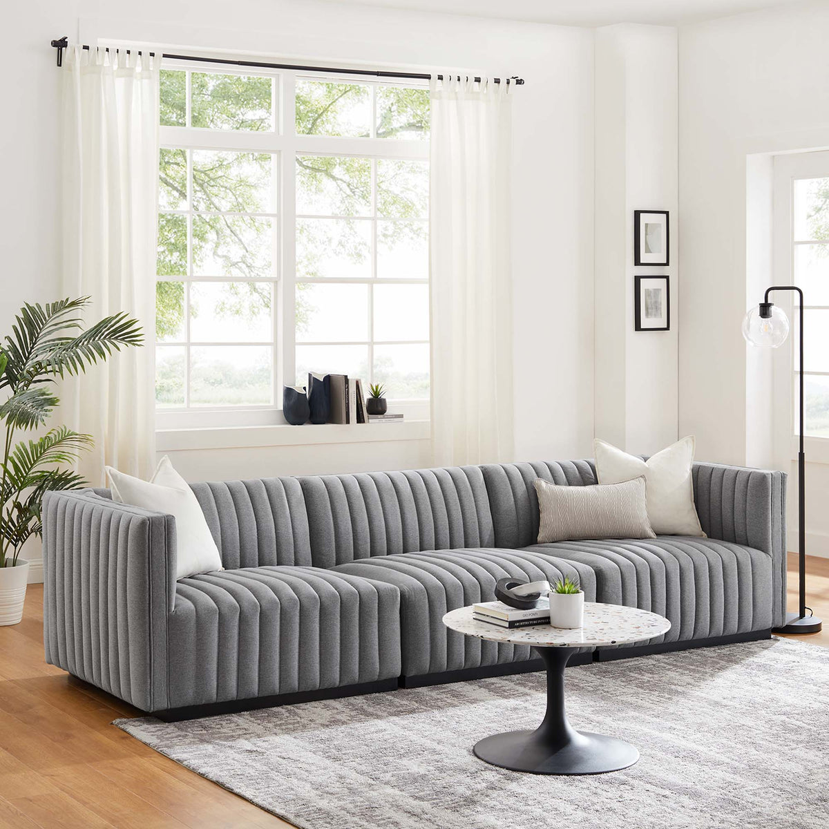 Conjure Channel Tufted Upholstered Fabric Sofa - Black Light Gray