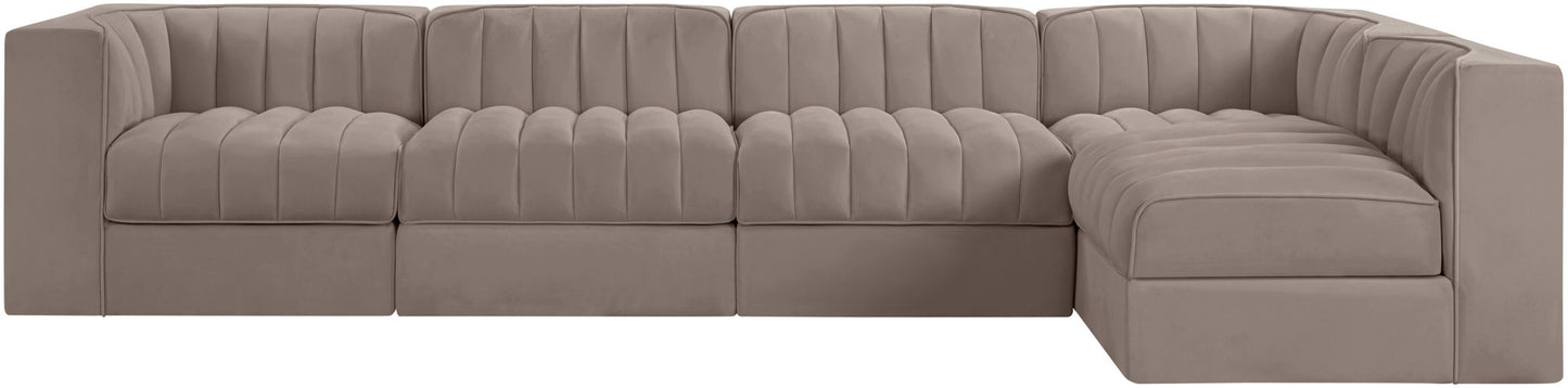 Rummi - Velvet Performance Fabric Upholstered 5 Piece Modular Sectional, L-Shaped (Right)