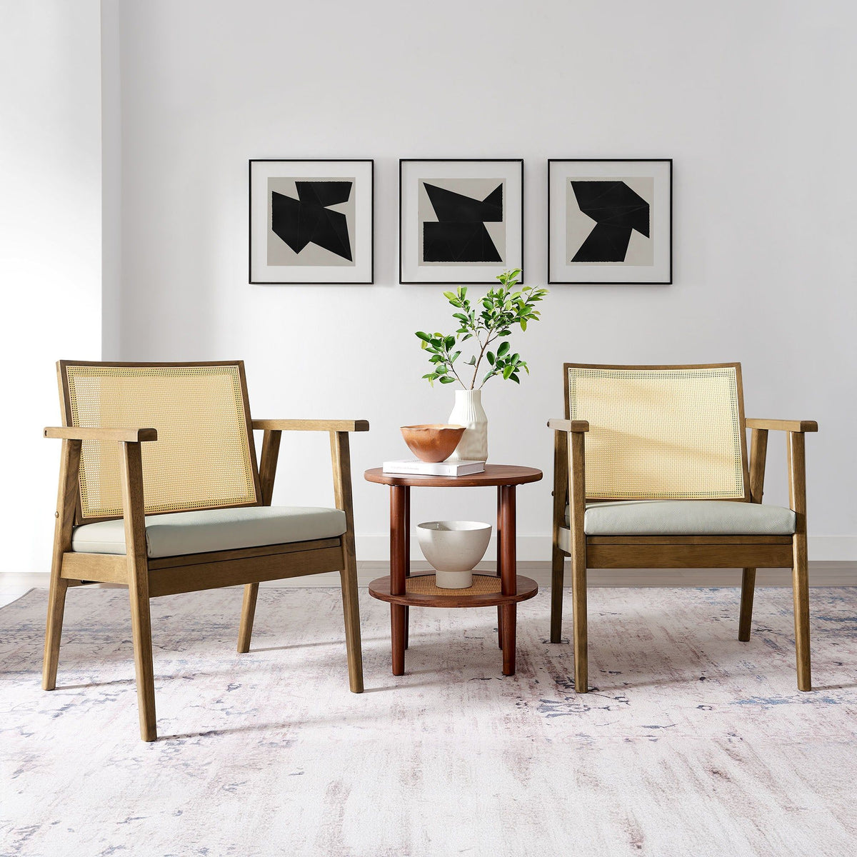 Thera Vegan Leather and Cane Accent Armchairs Set of 2 - Weathered Oak Stone