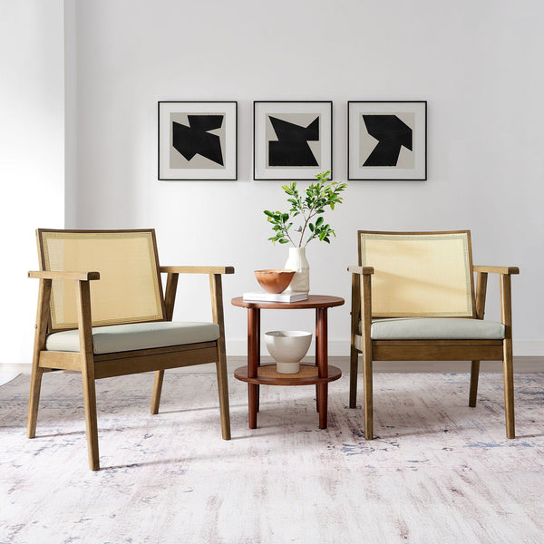 Thera Vegan Leather and Cane Accent Armchairs Set of 2 - Weathered Oak Stone