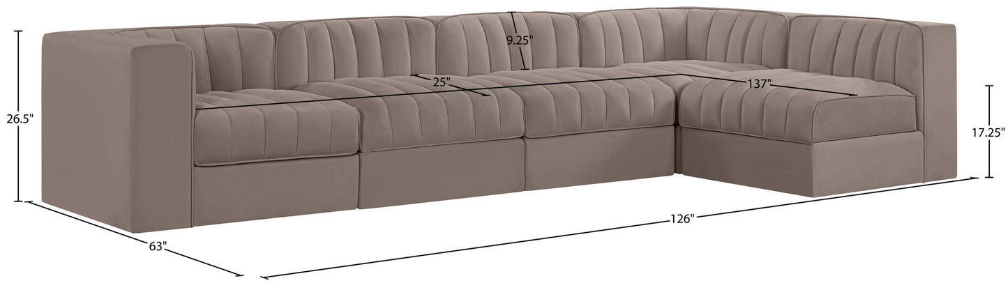Rummi - Velvet Performance Fabric Upholstered 5 Piece Modular Sectional, L-Shaped (Right)