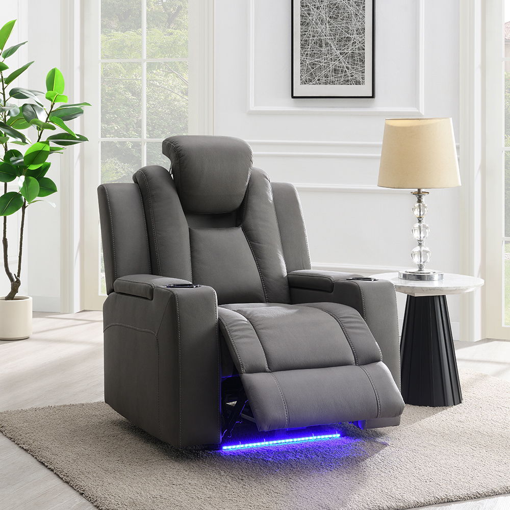 Leuco - Power Motion Recliner With Cup Holder, Control, LED & Power Headrest - Gray